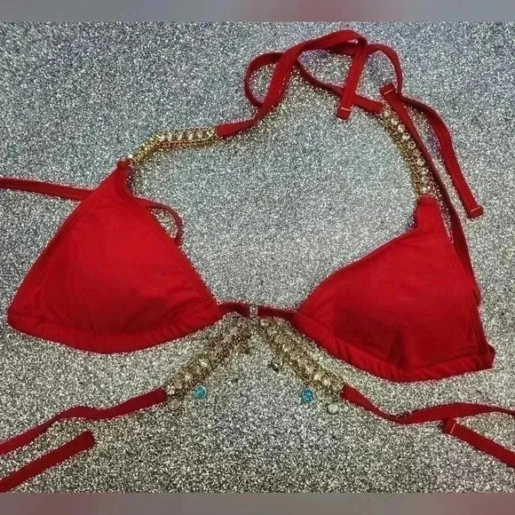 RED JEWELED TYE UP BIKINI SIZE  MED - Picture 2 of 6